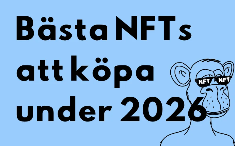 Tecknad apa med NFT-glasögon och rubriken ”Bästa NFTs att köpa under 2026”