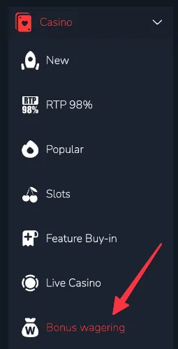Menyn på Bitz med en röd pil som pekar på Bonus wagering