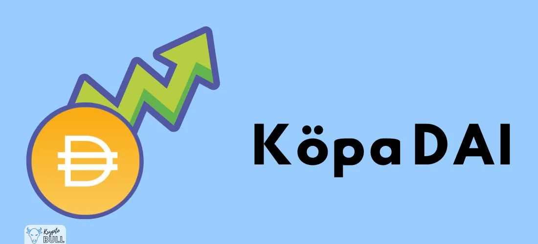 DAI-mynt med stigande grön pil och texten ”Köpa DAI”