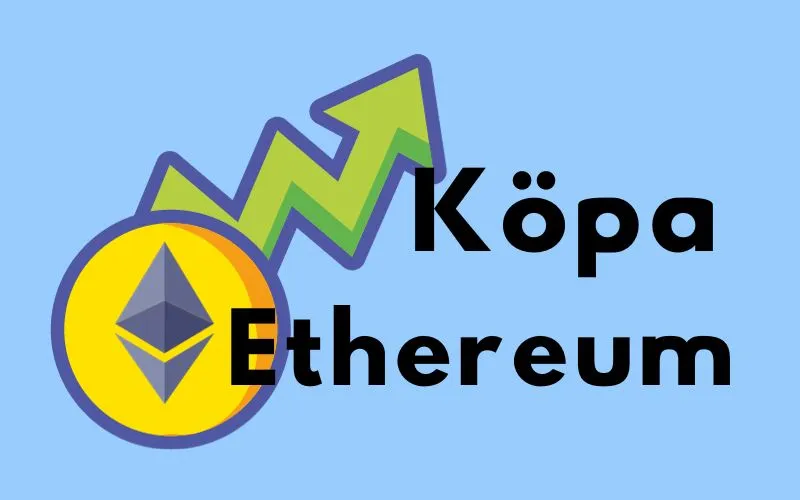 Ethereum-mynt med stigande grön pil och texten ”Köpa Ethereum”