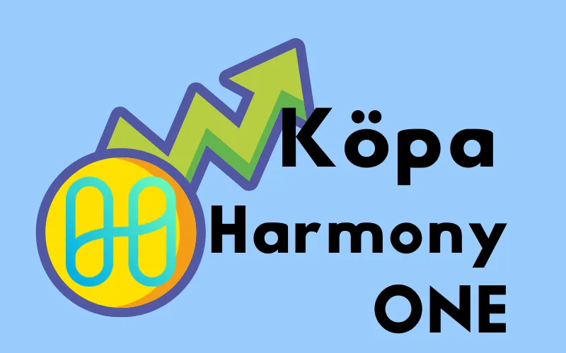 Harmony ONE-mynt med stigande grön pil och texten ”Köpa Harmony ONE”