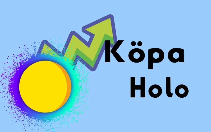 Gult mynt med stigande grön pil och texten ”Köpa Holo”