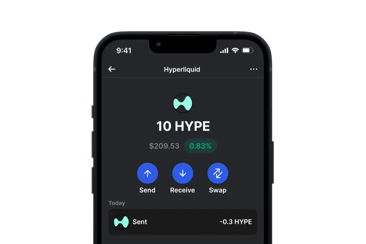 Gem Wallet i mobilen med ett saldo på 10 HYPE