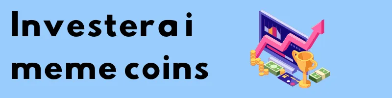 Skärm med stigande graf och mynt bredvid rubriken ”Investera i meme coins”