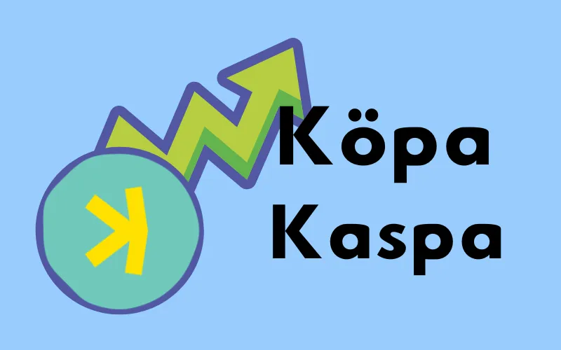 Kaspas turkosa logotyp med stigande grön pil och texten ”Köpa Kaspa”