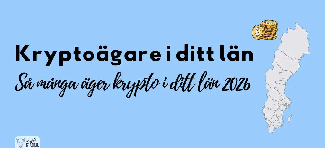 Sverigekarta indelad i län och rubriken ”Kryptoägare i ditt län: så många äger krypto i ditt län 2026”