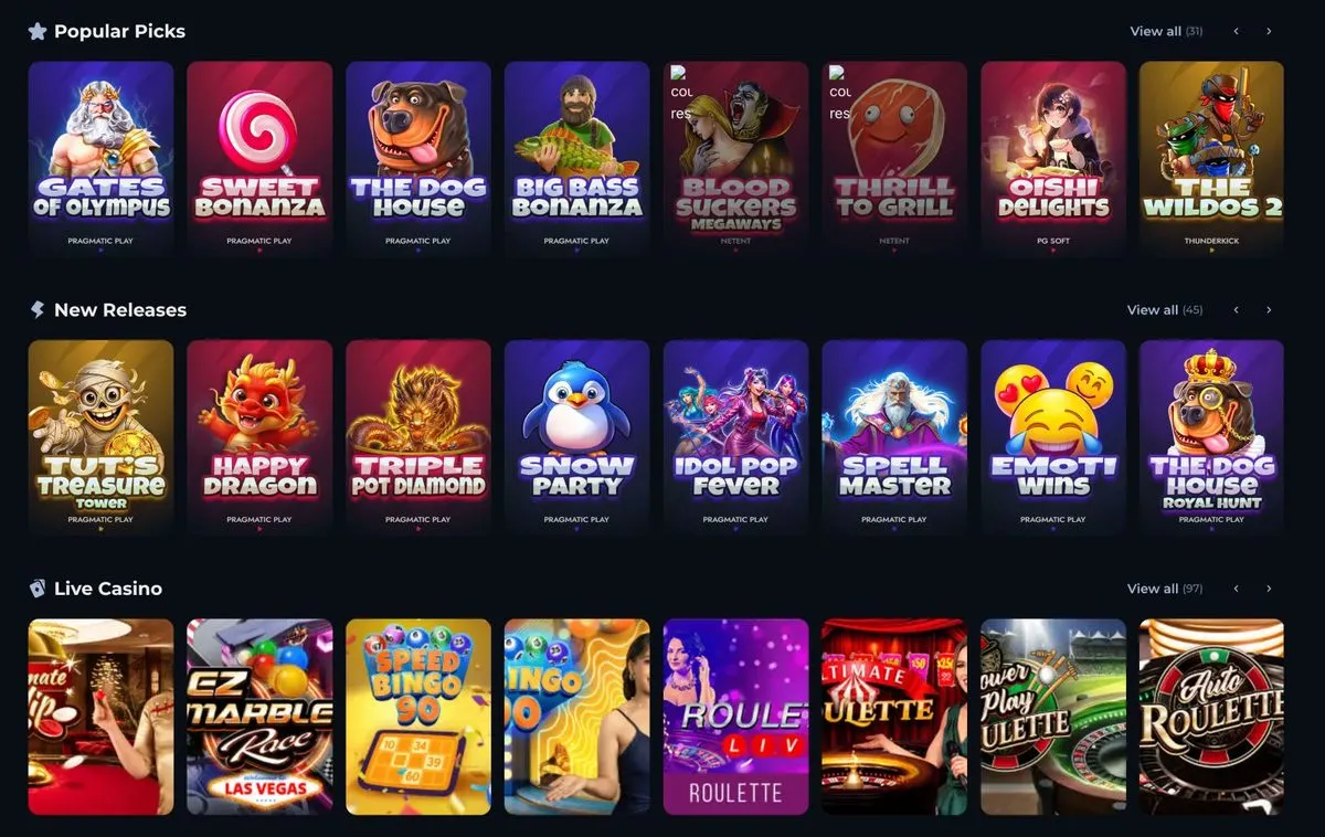 Spelutbudet på Rollion.bet med Popular Picks, New Releases och Live Casino