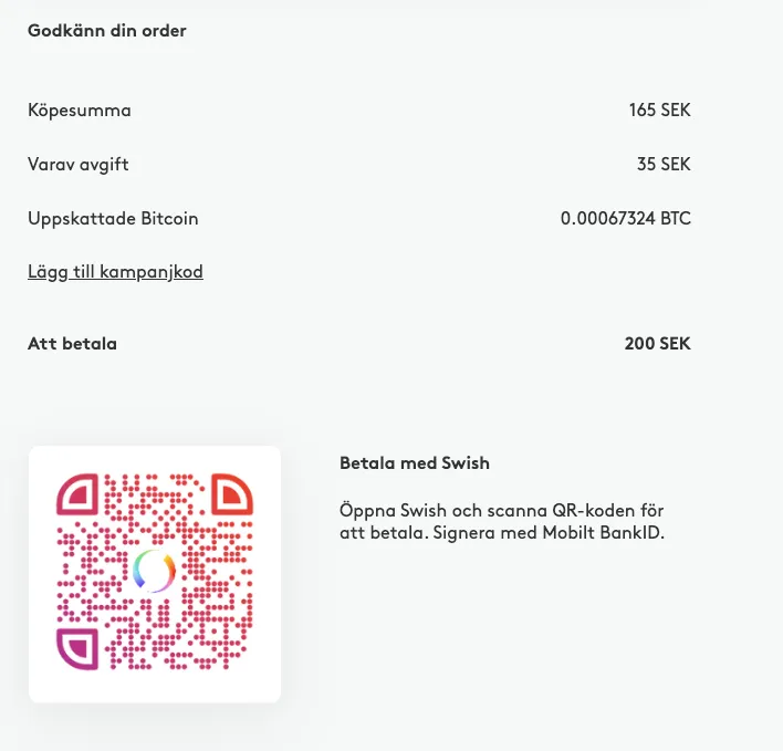 Orderöversikt hos Safello på 200 SEK med QR-kod för betalning med Swish