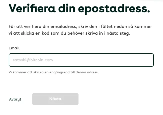 Steget ”Verifiera din epostadress” hos Safello med fält för e-post