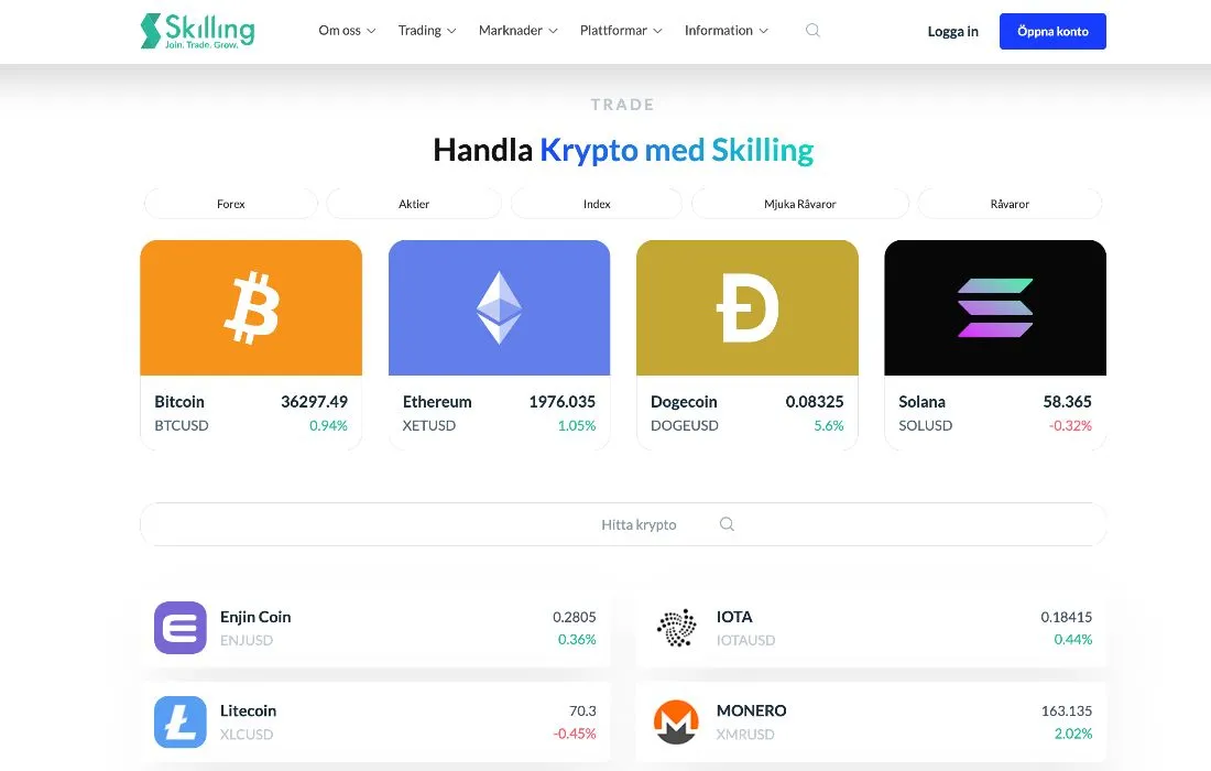 Skillings kryptosida med kurser för Bitcoin, Ethereum, Dogecoin och Solana