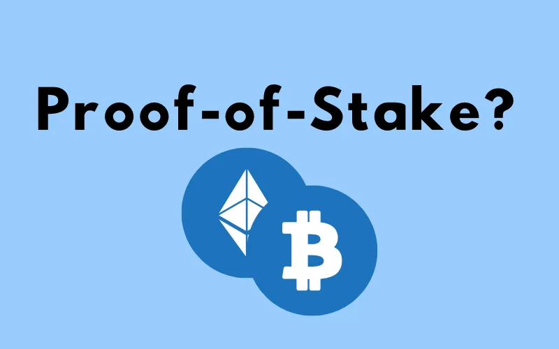 Ethereum- och Bitcoin-mynt med frågan ”Proof-of-Stake?”