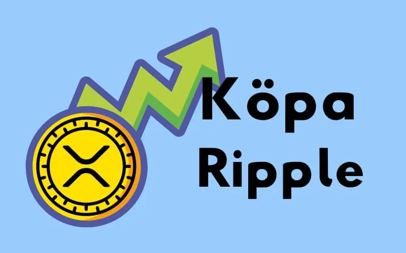 XRP-mynt med stigande grön pil och texten ”Köpa Ripple”