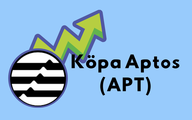 Köpa Aptos (APT) – logotyp och grön uppåtgående pil på blå bakgrund.