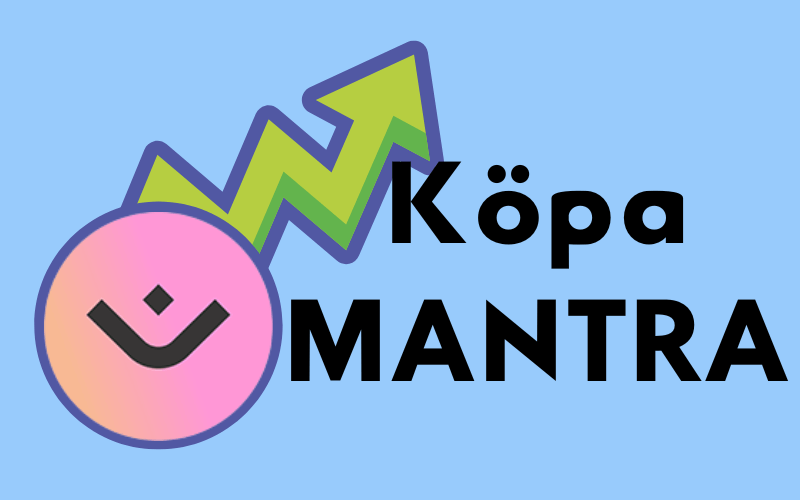 Köpa MANTRA (OM) – kryptovalutans logotyp och uppåtgående pil på blå bakgrund.