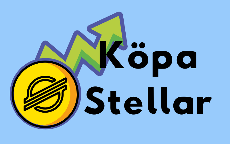 Illustration med en gul Stellar-myntikon, en uppåtgående grön pil och texten "Köpa Stellar" på en ljusblå bakgrund.