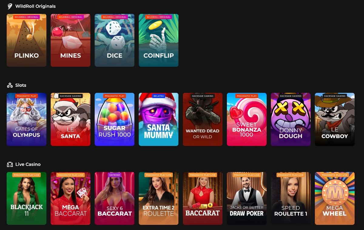 spelutbud på WildRoll bitcoin casino