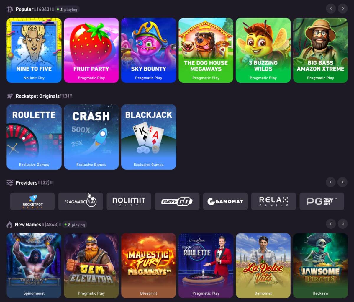 spelutbud på rocketpot krypto casino